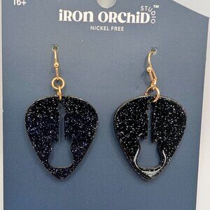 Iron Orchid Studio - Black Glitter Cut Out Guitar Earrings - NWT